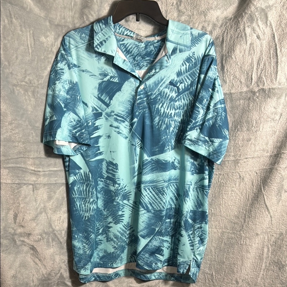 Puma Men's Blue Patterned Shirt matte‎ palm leaves golf polo size large